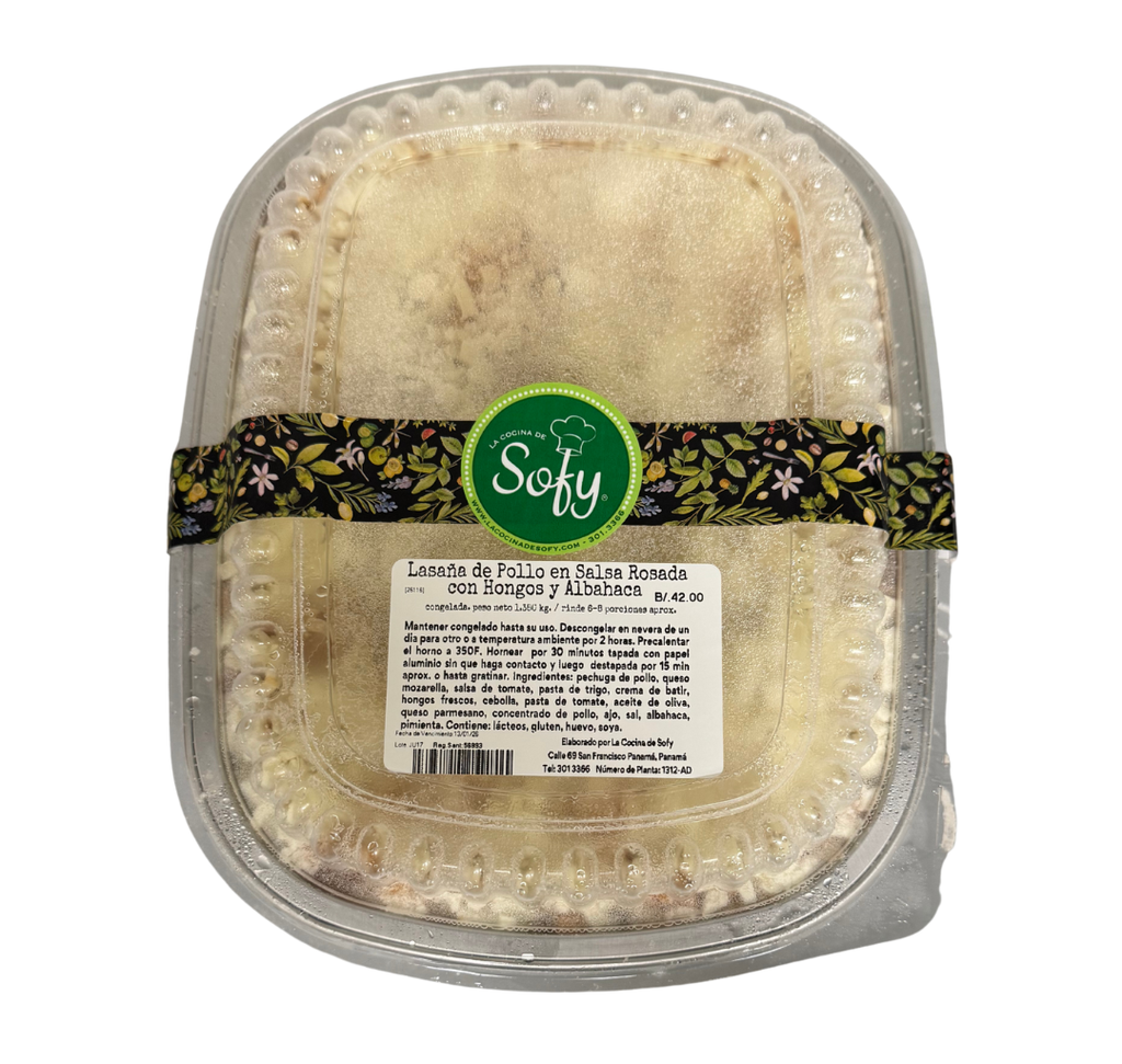 Lasagna de pollo en salsa rosada con hongos y albahaca 1.380 kg.