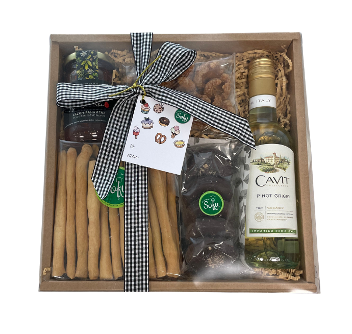 1e. Caja con palitroques, jalea de pimentón con ají chombo, rosquitas 2 uds. , galletas crisp con caramelo, chocolate oscuro, sal y pecans, cavit pinot grigio chico.